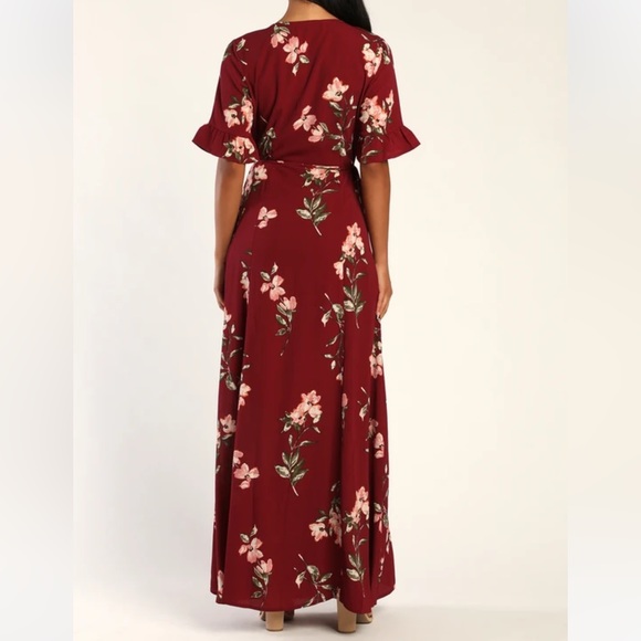 Lulu’s September Sunsets Burgundy Floral Print Wrap Maxi Dress - Picture 8 of 8